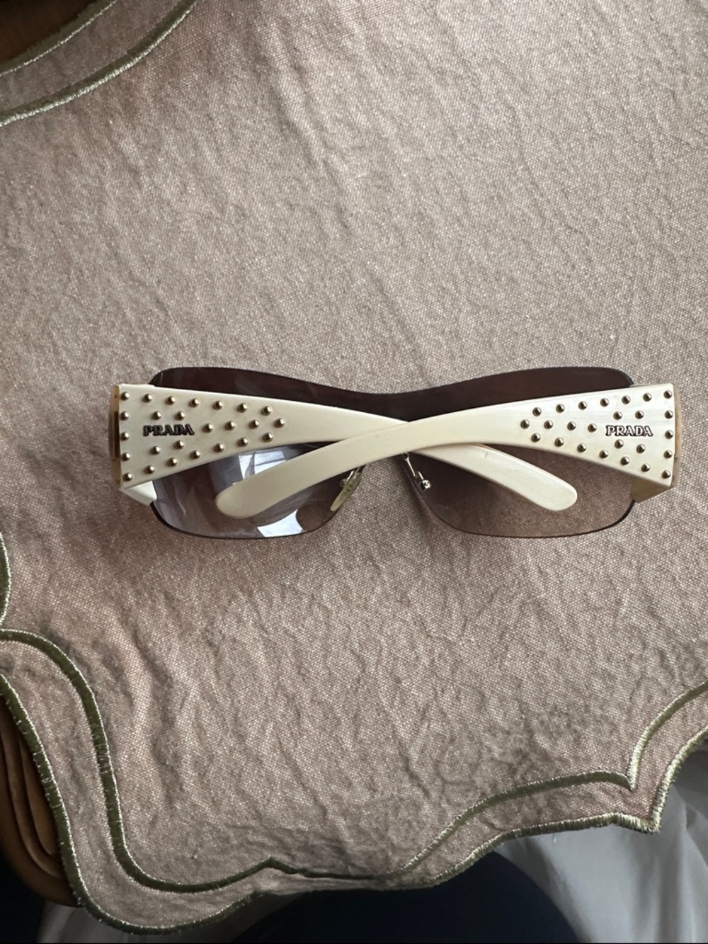 Prada Cream Frame Sunglasses with Gold Stud Accents - Picture 3 of 3